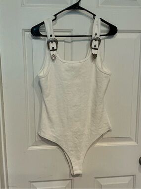 White Buckle-Strap Women’s Bodysuit